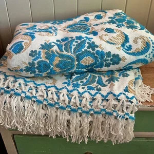 Vintage Saraband Jacquard Bedspread Brocade Fringed Blue made in Australia VGC - Picture 1 of 6