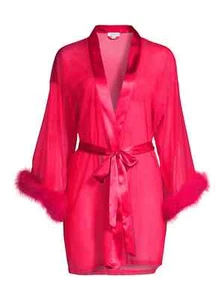 In Bloom by Jonquil Red Faux Fur Trim Chiffon Robe Lingerie XS/S NWT $58 - Picture 1 of 4