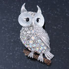 Clear, AB Diamante Owl Brooch/ Pendant In Rhodium Plating - 40mm Length