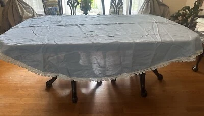 Vintage Round Linen 85” Tablecloth +  8 17” Napkins Retro Groovy Trim MCM - Image 1 of 4