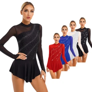 Womens Longsleeve Figure Skating Dress Rhinestone Competition Dance Costume - Picture 1 of 44