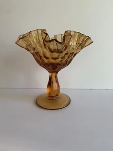 Vintage Fenton Amber Compote Ruffled Edge Pedestal Thumbprint Candy Dish Bowl 7" - Picture 1 of 12