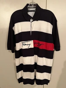 Tommy Hilfiger Herren Large Shirt blau weiß rot Rugby Polo LN Spell Out Collared - Bild 1 von 10