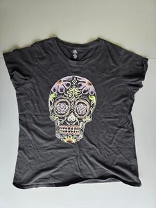 Sugar Skull Graphic Halloween T-Shirt Black XL Cotton Short Sleeve Womens Top - Picture 1 of 6