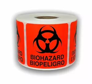 BIOHAZARD D.O.T. rojo brillante Etiquetas de advertencia de envío (2""x2", 500/rollo) - Imagen 1 de 3