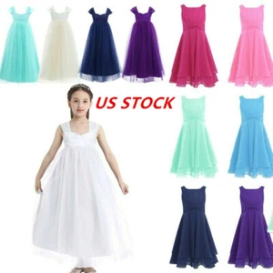 US Kids Girls Tulle Pageant Party Long Gown Wedding Bridesmaid Ball Flower Dress - Picture 1 of 36