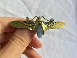 BROCHE ART NOUVEAU INSECTE PAPILLON SCARABÉE PÂTE DE VERRE STRASS XIX EGYPTE - Foto 1 di 6