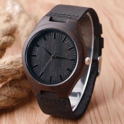 Reloj pulsera informal de cuarzo con correa redonda de cuero PU de bambú de madera natural para hombre Foto 1 de 4