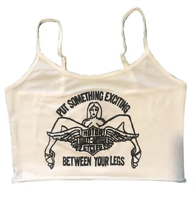 Small Vintage Style Harley Davidson Print Exciting Cropped Tank Top Shirt White - Picture 1 of 3