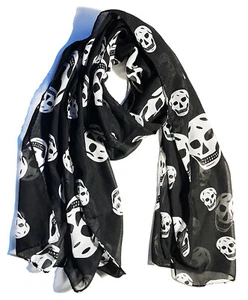 New Soft Silky Poly Chiffon Long Scarf w/Large B/W Skull Pattern 18” W by 59” L - Picture 1 of 6