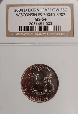 2004 D Wisconsin State Quarter NGC MS64 Extra Leaf Low TP-3691 - Image 1 of 2