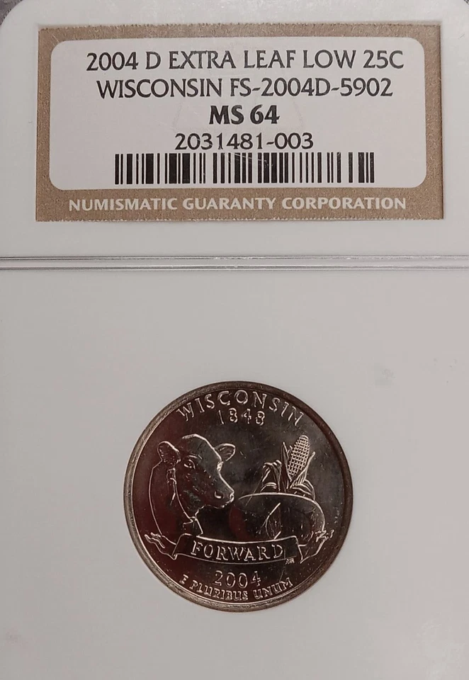 2004 D Wisconsin State Quarter NGC MS64 Extra Leaf Low TP-3691 - Image 1 of 2