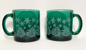 *Vintage Christmas Mugs* Green Glass w/ Snowflakes & Trees- USA- Pair- *READ* - Picture 1 of 8