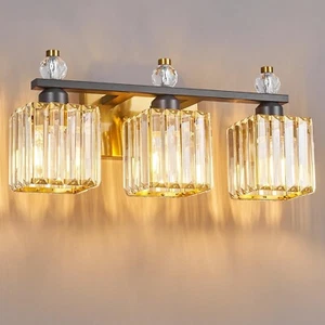 3-Light Modern Crystal Vanity Light - Black Gold Bathroom Light Fixtures Over... - Picture 1 of 7