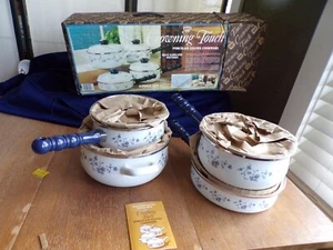 Crowning Touch Blue Garland Pattern 8-Piece Porcelain Enamel Cookware Set-NIB - Picture 1 of 7