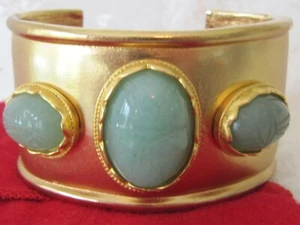 Vintage Kenneth Jay Lane Matte Gold Carved Green Scarab Hinged Cuff w/Dust Bag - Picture 1 of 5