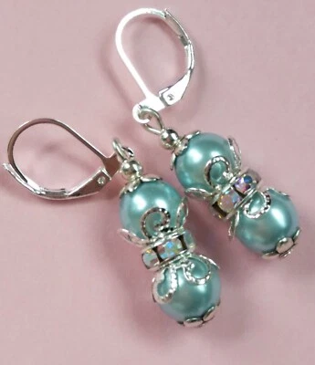 Baby AZUL CRISTAL PERLA Anillo Cristal Pendiente SP PALANCA Gancho Foto 1 de 4