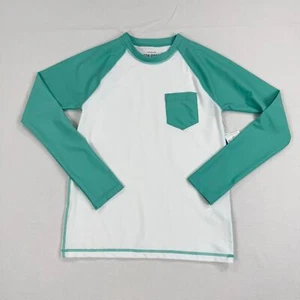 J Crew Crewcuts Kids UPF 50+ Rash Guard Long Sleeve Top Large Green White - Picture 1 of 10