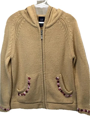 Girls Gap Sz XS(4) Beige Long Sleeve Front Zip Kangaroo Pockets Hoody Top P/O - Image 1 of 4