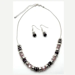 Purple Cats Eye Glass Beaded Necklace Earring Set Silver Tone Rings Demi Parure - Picture 1 of 8