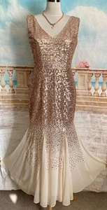 Evening Dress 12 Gold Sequin Ballgown Chiffon GODDIVA Gatsby Shortened Prom Maxi - Picture 1 of 9
