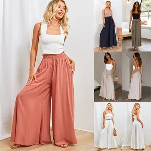 Pantalones Palazzo informales de pierna ancha para mujer elegantes cintura elástica pantalones fluidos con bolsillo - Imagen 1 de 23
