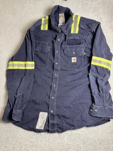 Carhartt Shirt Size Large Blue Flame Resistant FR Hi Vis Reflective Work Shirt - Picture 1 of 12