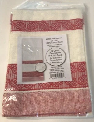 Toalla de cocina hojas rojas con panel de tejido uniforme de 13 quilates para punto de cruz 18" X 28" Foto 1 de 3