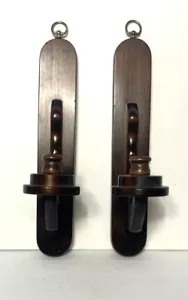 Set of 2 Rustic Dark Stained Wood Candle Sconce Brass Hook Farmhouse Chorehand - Picture 1 of 8
