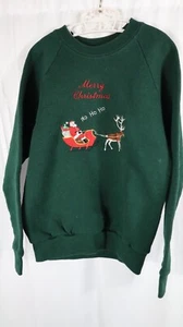 Vintage Girls Ugly Christmas Sweatshirt Embroidered Santa Reindeer Green Top - Picture 1 of 6