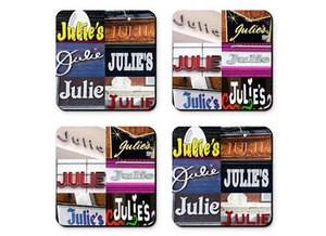 Personalized Coasters featuring the name JULIE in photos of signs - Set of 4 - Picture 1 of 1