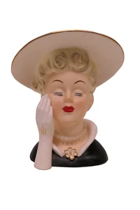Napco Lady Head Vase Planter Hand Sun Hat Hand Closed Eyes Lashes Kitschy - Picture 1 of 8