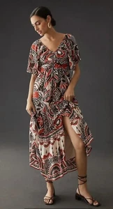 Anthropologie Tiered Maxi Dress Floral Mod Print Ruffle Hem Brown Red XS NWT - Picture 1 of 9