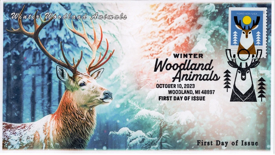 23-247, 2023, animales del bosque de invierno, cubierta del primer día, matasellos ilustrados, ciervos Foto 1 de 1