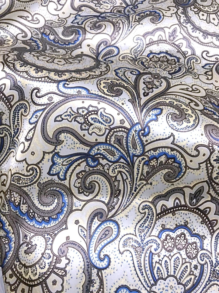Paisley Print NON-STATIC Viscose Satin Feel Material Fabric BTY -Cream Blue - Image 1 of 4