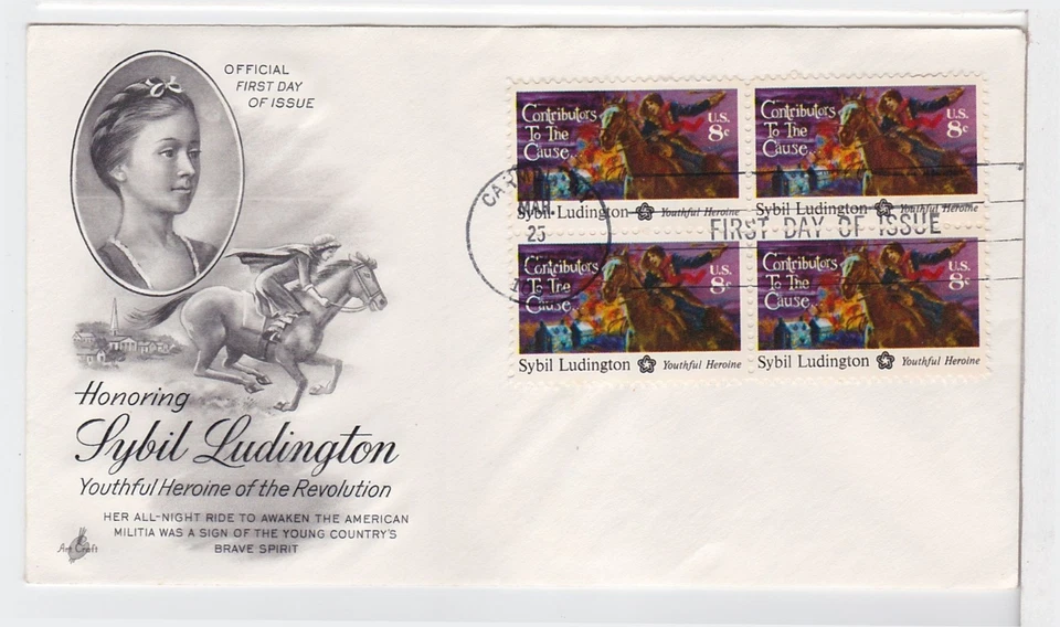 TurtlesTradingPost- Sybil Ludington 1975 FDC #1559 Artcraft Block of 4 - Image 1 of 1