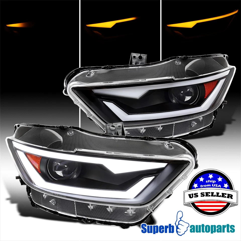 Fits 2015-2022 Ford Mustang Black Projector Headlights Shelby Switchback LED - Изображение 1 из 4
