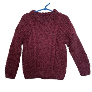 Handmade Child's Sweater Knitted Crocheted Maroon Wine Boys Girls Size 12 - Picture 1 of 7