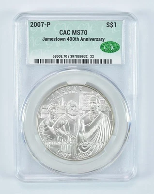 2007-P Jamestown Commemorative Silver Dollar MS70 CAC CACg *4102 - Image 1 of 4
