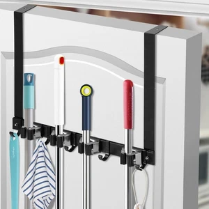 Over Door Mop Broom Holder Rack 4 Slots 5 Hooks Wall Mount Storage Organizer - Picture 1 of 7