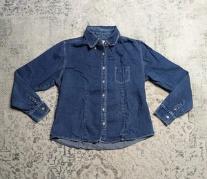 VTG LL Bean Denim Longsleeve Shirt Women's Medium Dark Wash Button Up - Picture 1 of 5