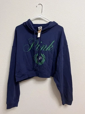 NWT PINK Victoria's Secret Cropped Hoodie Women's XL Blue Green Logo Fleece - Image 1 of 4
