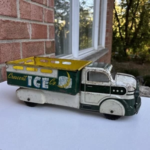 Vintage Marx Halbmond Eis Metall LKW mit Bett, weiß mit grün und gelb 50er Jahre - Bild 1 von 22