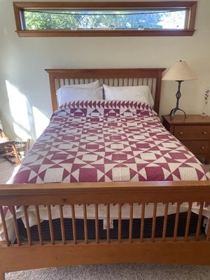 1885 Antique Quilt Economy Patch Pattern.  Cranberry & White.  84 3/4” X 76 1/4” - Image 1 of 4