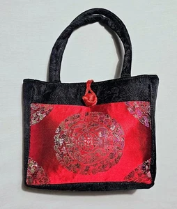 Bijoux Terner Asian Style Red & Black Satin Handbag Purse Button Knot Clasp Zip - Picture 1 of 8