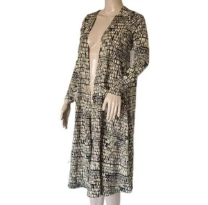 Womens Open Front Duster Cardigan with Pockets Abstract Black Khaki S - Picture 1 of 8