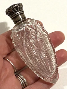 VTG Antique 19th Century Pressed Cut Glass Flask W/Sterling Hinge Top Hallmarked - Picture 1 of 7