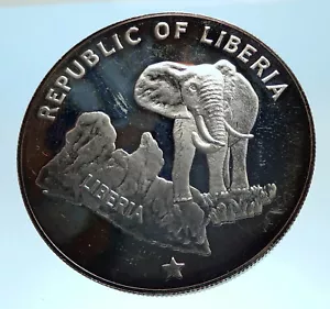 1973 LIBERIA State Map with Elephant Antique Genuine Proof Silver $5 Coin i77452 - Picture 1 of 3