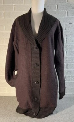 Women's Long Cardigan Jacket Boiled Wool Size L Dark Brown 2 Pockets - Excellent - Image 1 of 4
