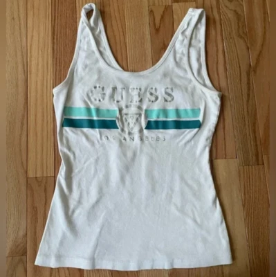 Guess Tank Top Womens Large White Logo blue Stripes Pullover Summer Y2K - Image 1 of 4